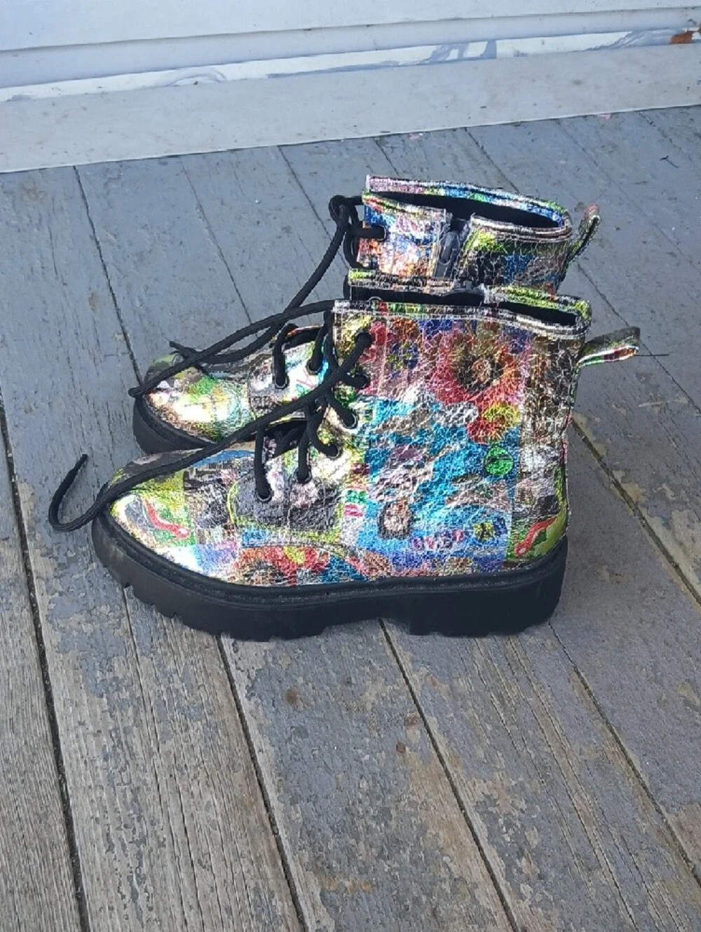 Colorful Metallic Graphic Lace-Up Combat Boots